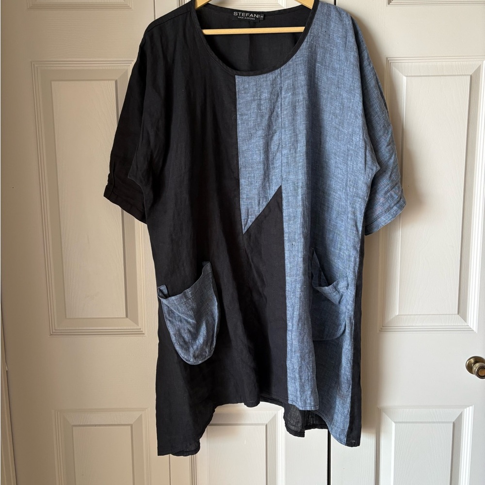 Stefani | 100% Linen tunic dress. Patchwork denim design asymmetrical. Artsy XL